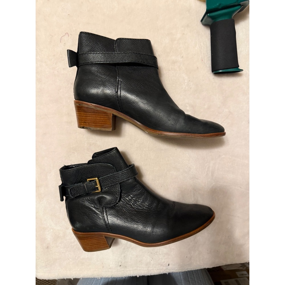Kate Spade Black Pebbled Leather Bow Ankle Boots Stacked Block Heel Buckle Strap